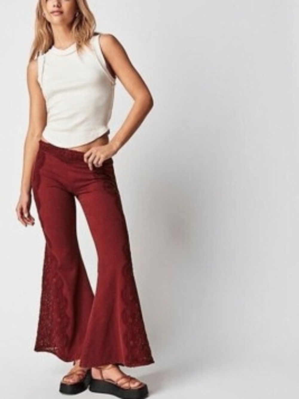 Free People Neptune’s Net Crochet Flare Pants Size 10 Washed Wine